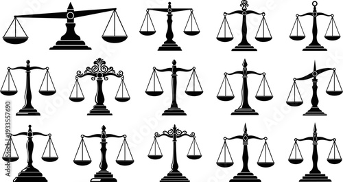 Scales of justice silhouette icon set, black balance symbols collection for law and court themes, classic legal vector illustration isolated
