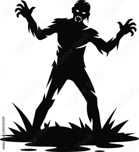 Scary zombie silhouette vector illustration, horror creature rising from ground, halloween monster design, spooky undead character for halloween party decoration and horror theme