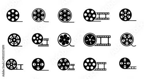 Film reels and camera icons set on a clean white background from a straightforward viewpoint