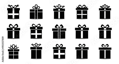 Collection of gift boxes arranged in a grid pattern on a plain background from a straightforward viewpoint