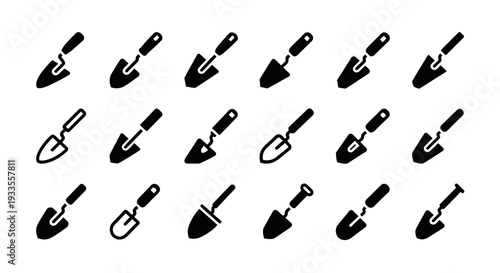 Collection of various gardening tool icons in black and white