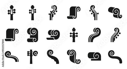 Collection of abstract black decorative swirls and curls on a white background viewed from directly above