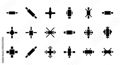 Collection of abstract black icons representing various shapes and symbols on a plain white background from a straightforward viewpoint