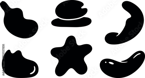 Flat design black blob and jellybean silhouettes six shape icon set arranged on white landscape background with playful smooth mood