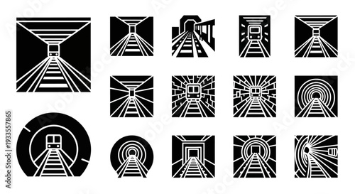 Collection of abstract geometric shapes and symbols in black and white, showcasing various designs and patterns, with a focus on angular and curved lines