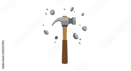 A sturdy claw hammer with a brown handle impacts a grey rock, causing small fragments to burst and scatter outwards on a clean white background.