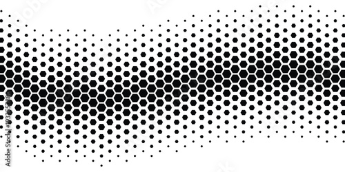 A visually striking black and white graphic design featuring a pattern of hexagons and dots on a clean background