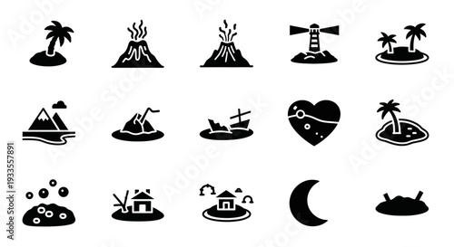 Collection of Island Illustrations Featuring Various Landmarks and Symbols from Different Locations
