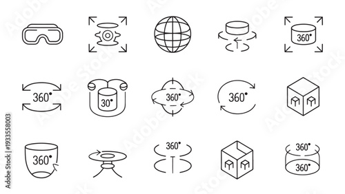 360-degree and VR icons collection in line style.