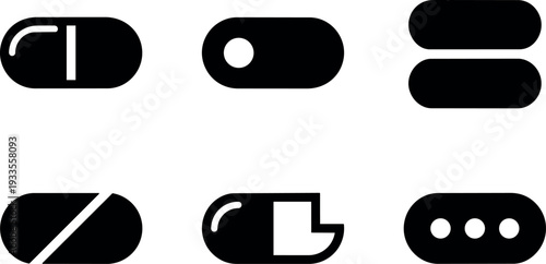 Flat design minimal pill icon set six variations black shapes negative space simple ui controls alignment rounded corners modern silhouette