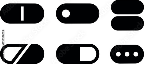 Flat design close up six rounded toggle and pill icons black on white minimal vector icon set overhead view simple