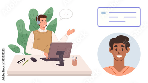 Customer service, online communication, virtual assistant, tech support, remote work, user interaction. A support agent with a headset at a desk and a user avatar. Customer service and online
