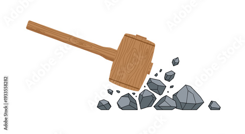 A large wooden mallet forcefully impacts a pile of grey rocks, causing them to shatter and scatter into sharp fragments across a clean white background.
