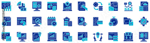 Business Analytics dual tone style icon collection. Vector illustrations. Predictive chart, Investment, Monitor, Sale report, Operation, Plan, Process, Data gathering Pro Vector
