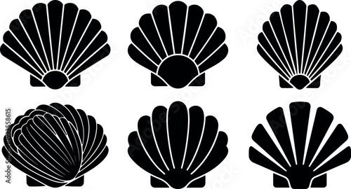 Flat design scallop shell icon set six black silhouette shapes close up top view simple maritime symbols vector badge logo