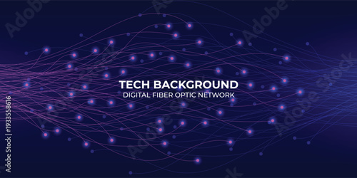 A digital illustration of a fiber optic network with purple dots and lines on a dark blue background