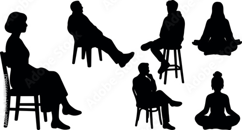 Flat vector silhouette group of seated people and meditating figures seen in profile and three quarter angles with calm mood
