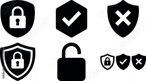 Flat design security icon set with shield padlock check and cross symbols close up on white background vector minimal bold