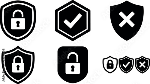 Flat design shield security icons set close up padlock check and cross badges on white background simple monochrome vector collection