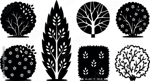 Flat design vector shrub and tree silhouettes set eight ornamental bushes and cypress in symmetrical garden layout simple black icons
