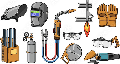 A collection of essential welding and metalworking tools and safety equipment for industrial tasks.