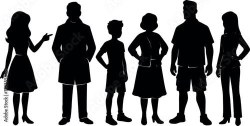 Silhouette vector family lineup six people side view assorted ages standing hands on hips and gestures in profile black minimalist