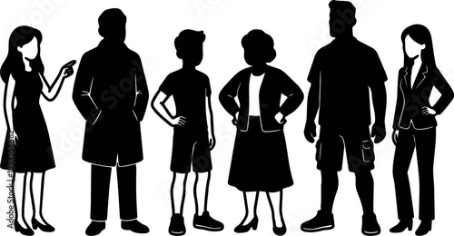 Minimalist vector family silhouettes standing in a row woman pointing teenage boy hands on hips grandmother hands on waist father