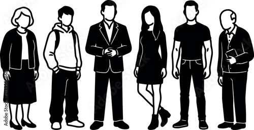 Flat design silhouette row of diverse people standing full length from left to right various ages clothing and poses postures