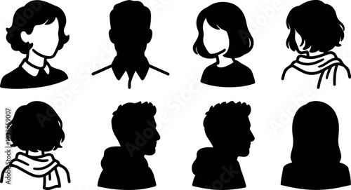 Flat design avatar silhouettes showing front three quarter and profile headshots eight black vector user icons close up minimalist isolated