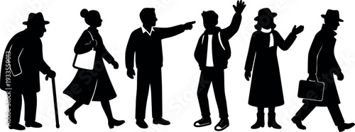 Flat silhouette vector side view group of people walking different ages carrying bag cane waving pointing in urban pedestrian scene