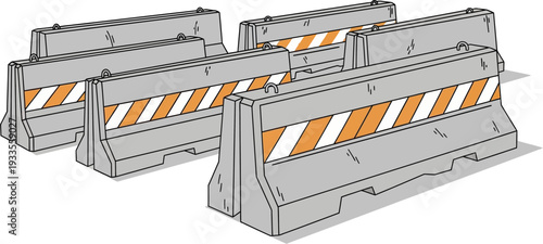 Illustration of multiple grey concrete road barriers with orange and white diagonal stripes, used for traffic control and construction zones.