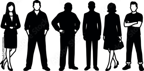 Silhouette vector flat design six standing people in varied poses business and casual attire hands in pockets crossed arms neutral