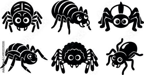 Vector spider icon set six cute black silhouettes frontal and three quarter views for kids stickers and logos web decor