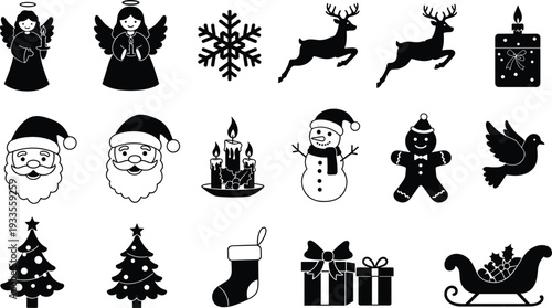 Black and white Christmas vector icons, festive holiday illustration with angels, snowflakes, reindeer, Santa Claus, snowman, gingerbread man, gifts, trees, dove, sleigh