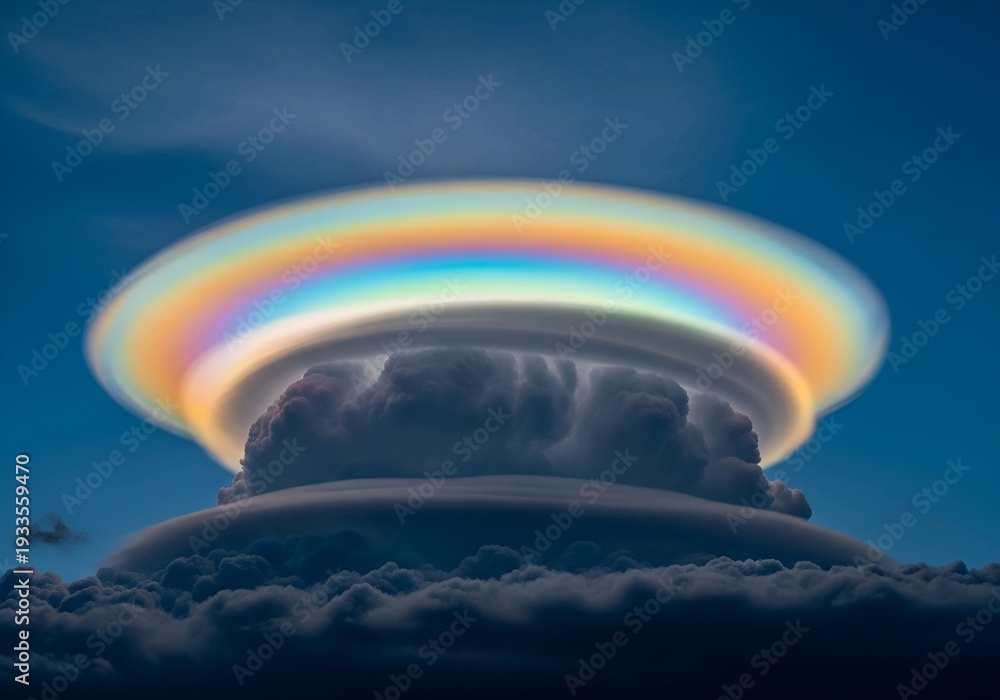 Fototapeta premium Iridescent Pileus Cloud with Rainbow Colors Over Dark Thunderstorm