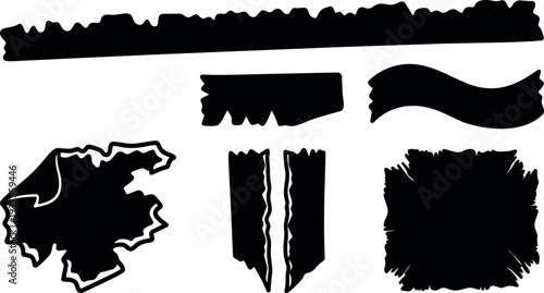 Grunge brush stroke set torn paper banner and ink blot vector shapes close up top view high contrast silhouette bold