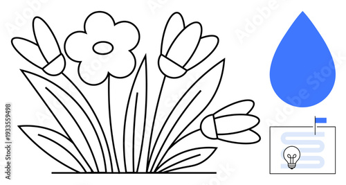 Floral design. Abstract black line flowers with a blue droplet growth and ideas. Floral elements paired with innovation and sustainability . For nature, creativity, eco-concepts, design inspiration