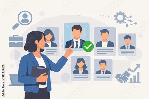 HR Manager Using Virtual Interface to Choose Top Talent for Job Vacancy. Human Resources Recruitment Concept with Candidate Profiles, Technology Icons, and Professional Career Development.
