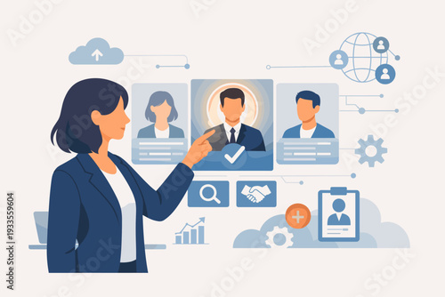 Business HR and technology concept with human resources manager using virtual screen technology for hiring employees, talent acquisition, recruitment process, and digital workforce management.