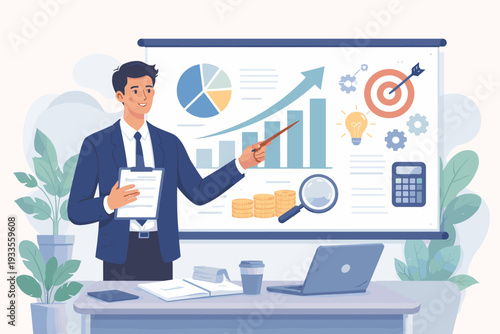 Businessman giving a professional presentation on business strategy, financial growth, and data analysis. Concept of consulting, marketing goals, and planning with charts, graphs, and icons.