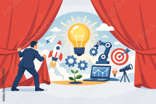 Businessman Opening Red Curtains to Reveal Creative Business Solutions and Innovation Concept with Light Bulb, Rocket, Gears, Robotic Arm, and Data Analysis for Startup Success and New Visionary Idea