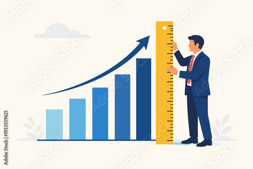 Businessman in a suit measuring a growing bar chart with a large yellow ruler, representing business growth, benchmarking, performance tracking, data analysis, and success improvement concept.