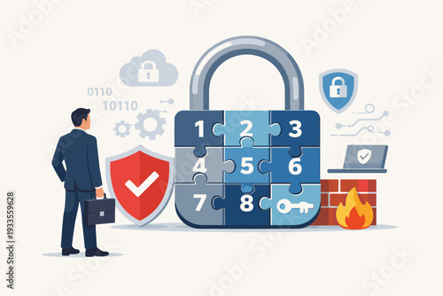 Businessman analyzing a large padlock jigsaw puzzle with numbers, symbolizing complex cyber security, data protection, firewall, antivirus shield, and cloud network safety systems for business.