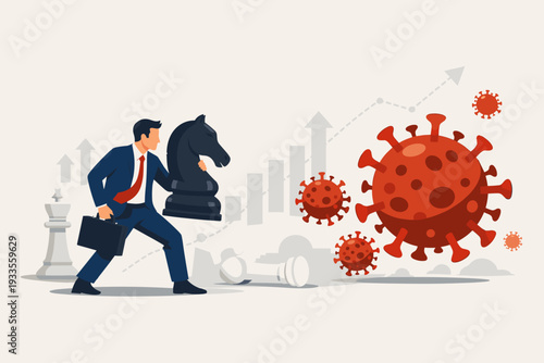 Businessman Holding Knight Chess Piece to Fight Coronavirus Pandemic, Strategic Business Planning and Crisis Management Concept for Economic Recovery and Growth During COVID-19 Outbreak Illustration.