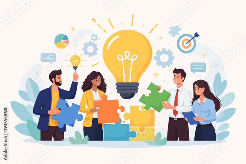 Diverse business team collaborating and combining colorful puzzle pieces to create a big idea with a glowing light bulb, representing teamwork, brainstorming, innovation, and creative strategy.