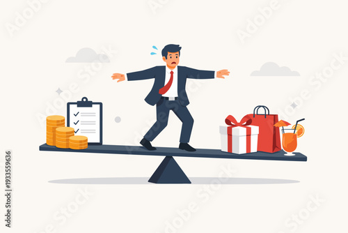 Businessman Balancing on a Seesaw Between Financial Needs and Personal Wants, Concept of Money Management, Budgeting, Spending vs Saving, Work-Life Balance and Stressful Decision Making Vector