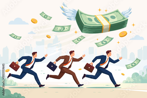 Three Businessmen in Suits Chasing Flying Stack of Money with Wings over City Skyline, Concept of Financial Competition, Wealth Pursuit, Business Race for Profit, Market Share and Success