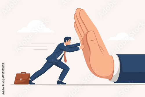Determined Businessman in Suit Pushing Against a Giant Hand Representing Obstacles and Resistance, Concept of Fighting Against Strong Opponents, Overcoming Business Challenges and Corporate Barriers
