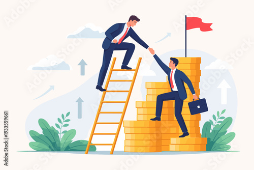 Businessman helping his colleague climb a ladder of success and a stack of gold coins to reach a red flag, representing teamwork, support, career growth, mentorship, and financial achievement.
