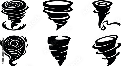 Flat design vector bold tornado icon set six variations spiral silhouettes isolated on white background for weather and hazard graphics